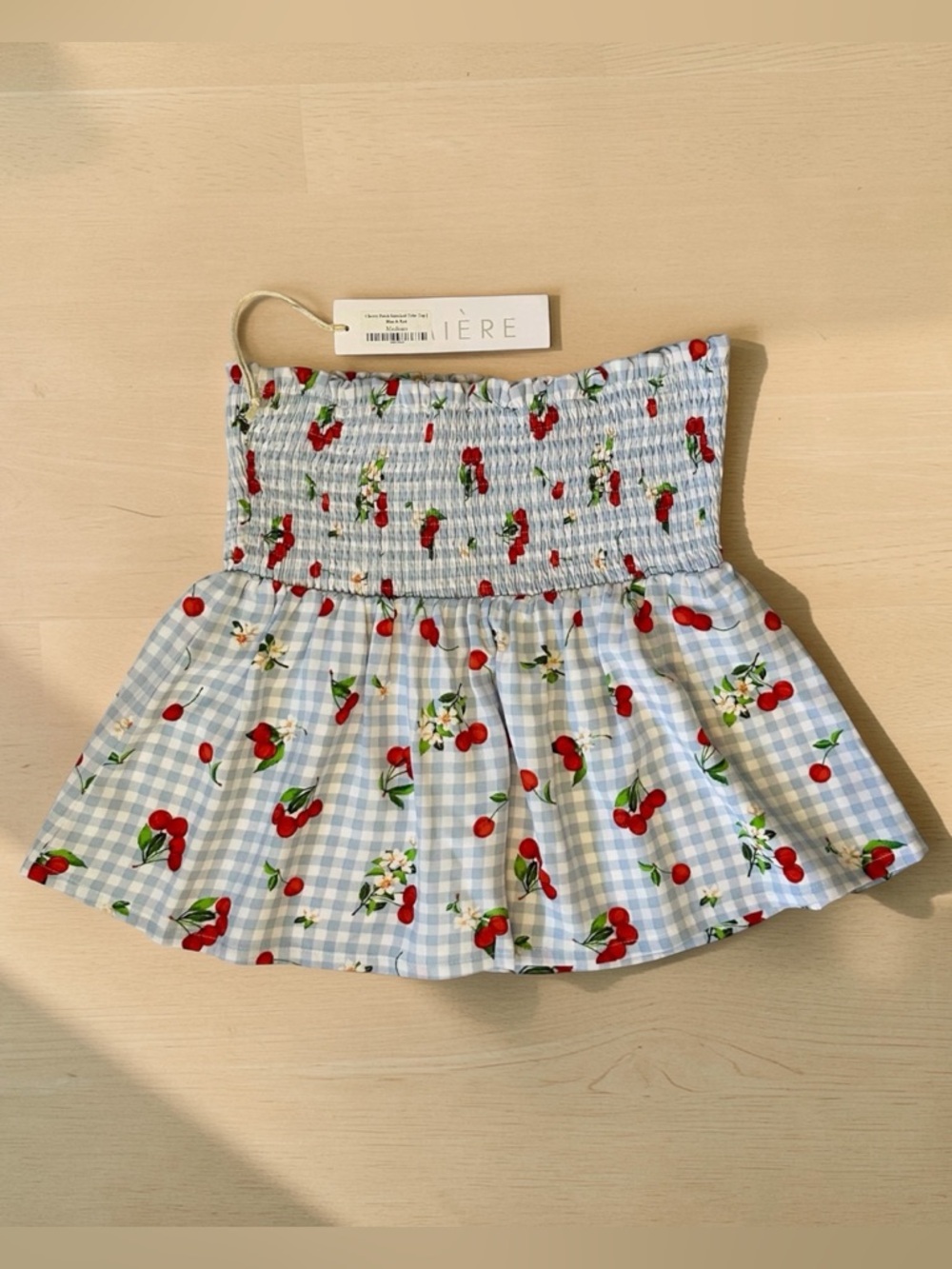 Lumiere Blue Gingham Smocked Tube Top with Red Cherry Print Woman Size M